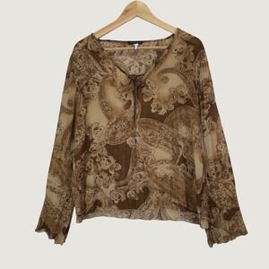 Fairweather Paisley‎ Blouse L Brown Boho Sheer Y2K Whimsigoth Long Sleeve Top